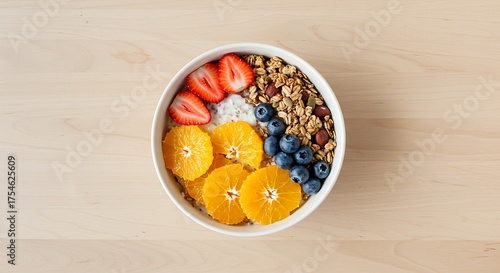 Overhead shot of a bowl of granola with fruit on a wooden table