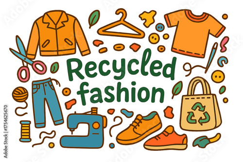 Recycled Fashion Doodle. Recycled fashion. Hand-drawn doodle illustration of Recycled fashion. Jacket, jeans,