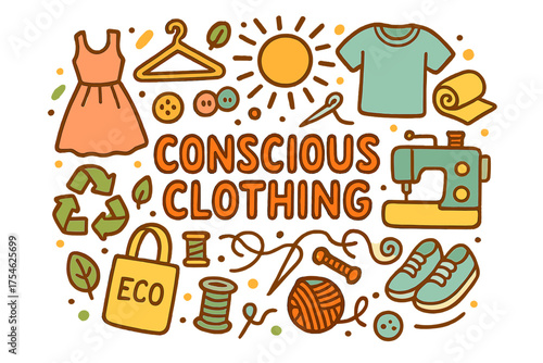 Conscious Clothing Doodles. Conscious clothing. Hand-drawn doodle illustration of Conscious clothing. Dress, t