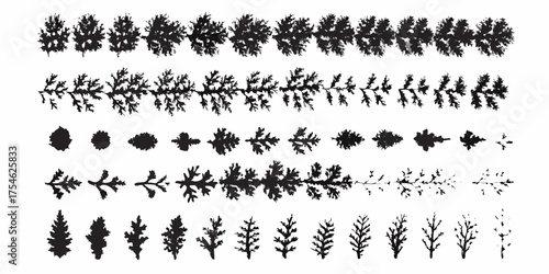 Collection of black silhouettes of pine branches and pine needles in different forms and arrangements