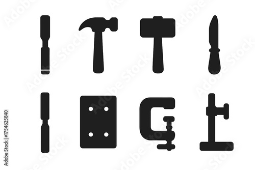 Tool Icon Set. Tools and equipment. Filled icon set of Tools and equipment: chisel, hammer, mallet, sculpting