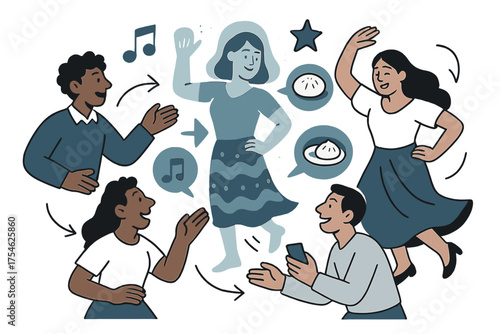 Cultural AR Experience. Cultural immersion. A glowing AR guide showing traditional dances and local foods,