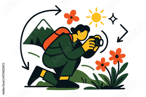 Alpine Flora Photography Scene. Mountain flora. A glowing character crouching to photograph alpine flowers