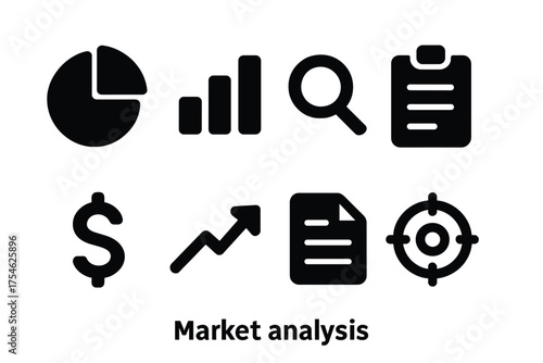 Market Analysis Icons. Market analysis. Filled icon set of Market analysis: pie chart, bar chart, magnifying