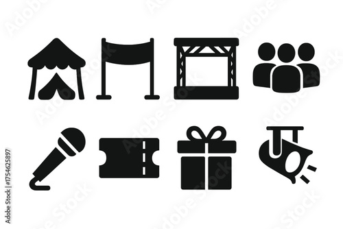 Promotional Event Icons. Promotional events. Filled icon set of Promotional events: tent, banner, stage, crowd