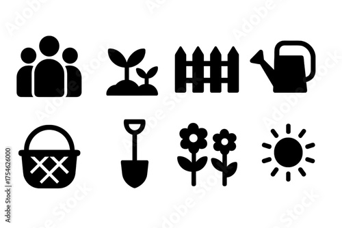 Community Garden Icons. Community garden. Filled icon set of Community garden: group of people, plants, garden