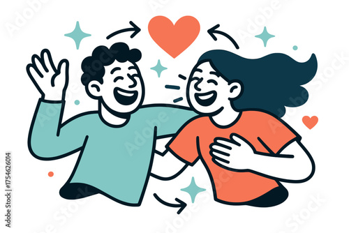 Joyful Friendship Energy. Joyful connections. Two glowing friends laughing together, floating sparkle and