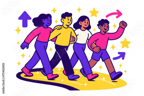 Glowing Friendship Journey. Friendly adventure. A group of glowing friends walking along a glowing path