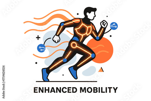 AI-Powered Evolution. Human evolution enhanced by AI. Character running with glowing AI-assisted exosuit,