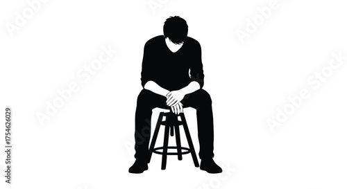 Minimalist vector illustration of a solitary man sitting on a stool with head bowed, conveying feelings of profound sadness, contemplation, or mental burden and isolation
