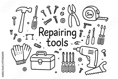 Doodle Repair Tools. Repairing tools. Hand-drawn doodle illustration of Repairing tools. Hammer, screwdriver,