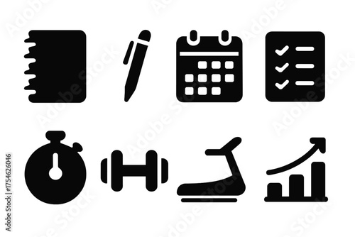 Workout Plan Icons. Workout Planning. Filled icon set of Workout Planning: notebook, pen, calendar, checklist,