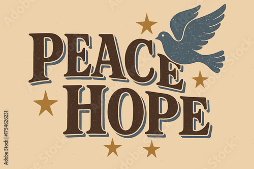 Vintage Peaceful Serenity. “Peace Hope”. vintage serif script, shadowed outlines, aged print texture,