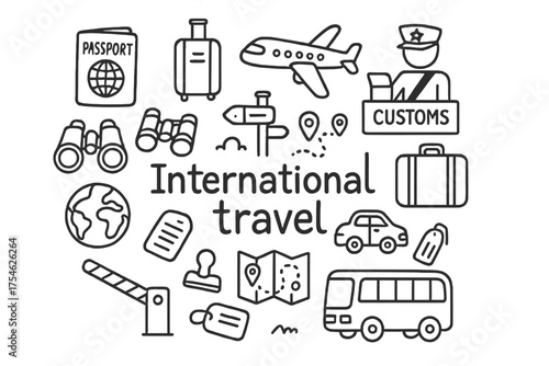 International Travel Icons. International travel. Hand-drawn doodle illustration of International travel.