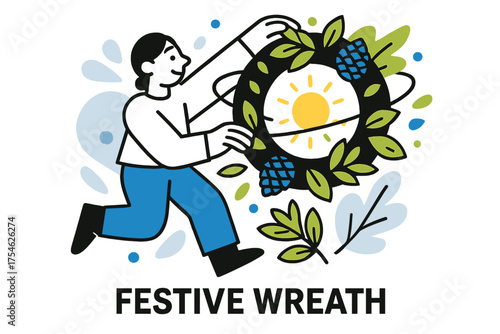 Festive DIY Wreath. DIY craft ideas for holiday decorations. Character assembling glowing wreath with orbiting