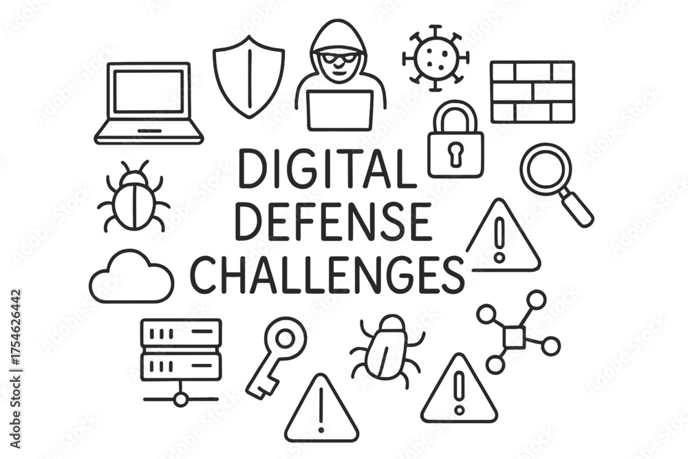 Fototapeta premium Digital Defense Doodles. Digital defense challenges. Hand-drawn doodle illustration of Digital defense