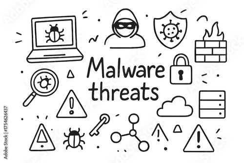 Malware Threats Doodle. Malware threats. Hand-drawn doodle illustration of Malware threats. Laptop, virus icon