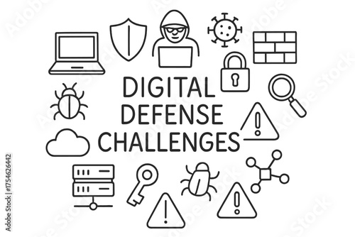 Digital Defense Doodles. Digital defense challenges. Hand-drawn doodle illustration of Digital defense
