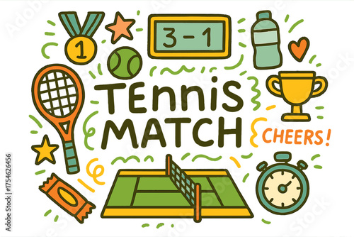 Tennis Match Doodle. Tennis Match. Hand-drawn doodle illustration of Tennis Match. tennis racket, tennis ball,