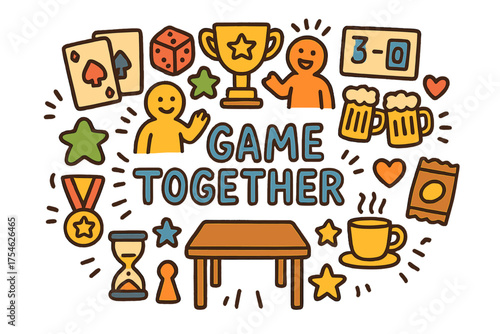 Game Night Fun. Game Together. Hand-drawn doodle illustration of Game Together. cards, dice, trophy,