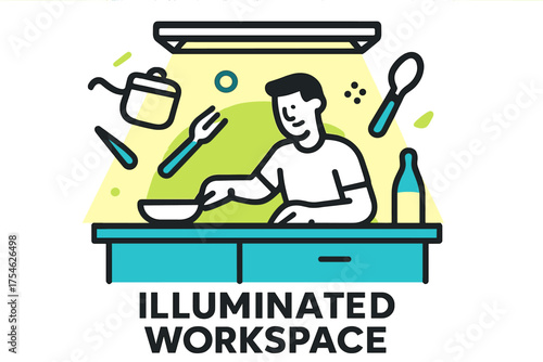 Glowing Kitchen Scene. Under-cabinet light. Abstract glowing scene of kitchen with orbiting floating utensils