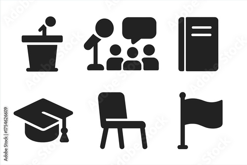 Commencement Speech Icons. Commencement Speeches. Filled icon set of Commencement Speeches: podium, microphone