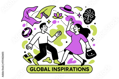 Global Fashion Inspirations. Cultural influences in fashion. Abstract glowing market scene with floating