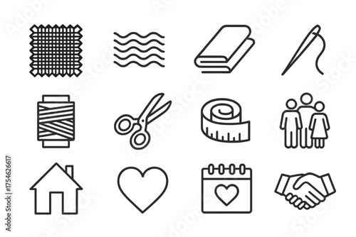 Moiré Fabric Icons. Moiré Fabric and Impact of Social Changes on Family Structures. Line outline icon set of