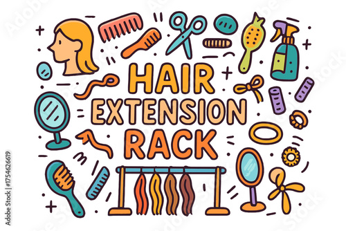 Hair Extension Essentials. Hair Extension Rack. Hand-drawn doodle illustration of Hair Extension Rack. hair