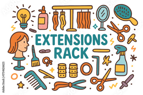 Extensions Rack Art. Extensions Rack. Hand-drawn doodle illustration of Extensions Rack. mannequin head, hair