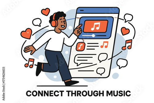 Music & Social Media. Music and social media. Character interacting with glowing social media feed with