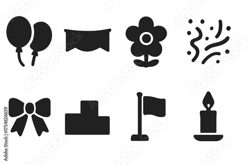 Ceremony Icon Set. Ceremony Decorations. Filled icon set of Ceremony Decorations: balloons, banner, flower,