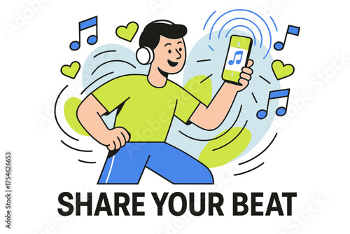 Sharing Melodies. Music and social media. Character holding glowing smartphone with floating music notes, like