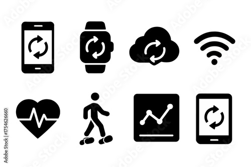 Data Syncing Icons. Data Syncing. Filled icon set of Data Syncing: smartphone, smartwatch, cloud icon,