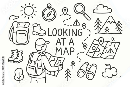 Exploration Essentials Doodle. Looking at a map. Hand-drawn doodle illustration of Looking at a map. Map,
