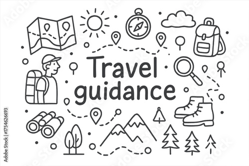 Travel Guidance Doodle. Travel guidance. Hand-drawn doodle illustration of Travel guidance. Map, person,