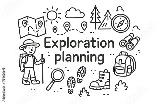 Exploration Planning Doodle. Exploration planning. Hand-drawn doodle illustration of Exploration planning. Map