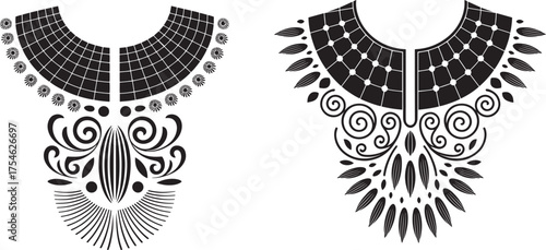 Elegant black and white neckline embroidery designs featuring floral and geometric ornamentation