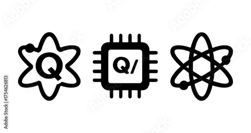 Quantum Computing Icons: Stylized atomic symbols and electronic component