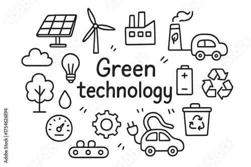 Green Technology Doodles. Green technology. Hand-drawn doodle illustration of Green technology. Solar panel,