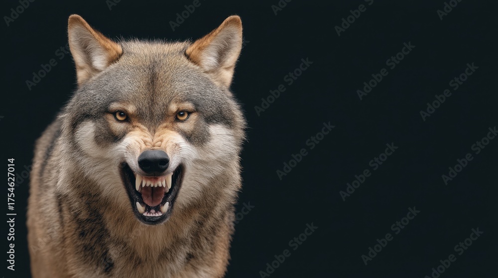 Fototapeta premium Fierce Wolf Displaying Teeth and Intense Expression Against Dark Background in Nature Environment