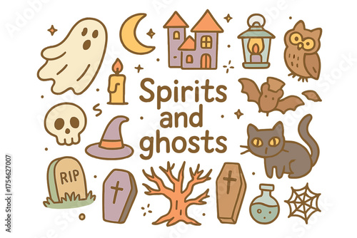 Spirits and Ghosts. Spirits and ghosts. Hand-drawn doodle illustration of Spirits and ghosts. Floating sheet
