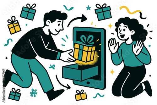 Virtual Gift Exchange. Sending gifts. A character placing a glowing package into a virtual delivery box, while