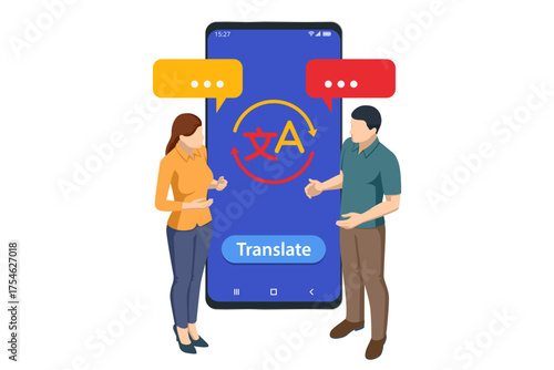 Isometric illustration of two people using AI mobile translator app for communication in different languages. Online translation, global connection, technology and language learning concept.