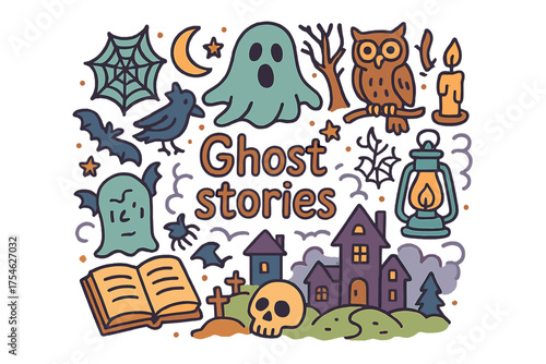 Ghostly Doodle Illustration. Ghost stories. Hand-drawn doodle illustration of Ghost stories. Open book, ghost,