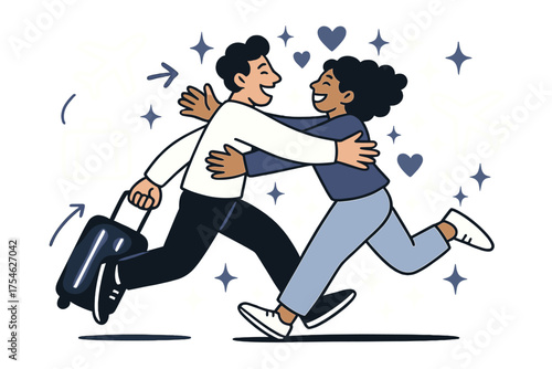 Joyful Airport Reunion. Airport reunion. Two people running toward each other with glowing suitcase and