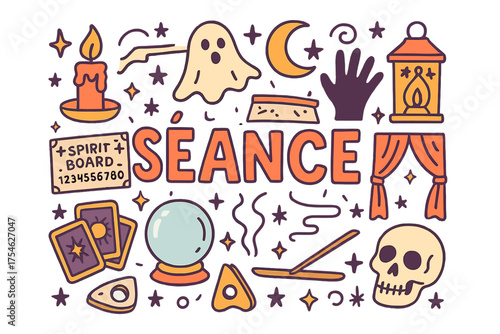 Illustration de Séance. Séance. Hand-drawn doodle illustration of Séance. Candle, table, spirit board,