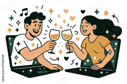 Virtual Wine Toast. Virtual date night. Two characters raising glasses of wine across glowing laptop screens,
