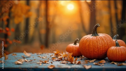 Wallpaper Mural Four pumpkins on wooden table surrounded by autumn leaves in forest   Torontodigital.ca