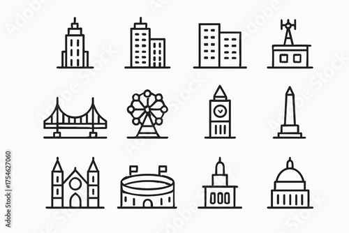 City Skyline Icons. City skyline. Line outline icon set of City skyline: skyscraper, office tower, high-rise